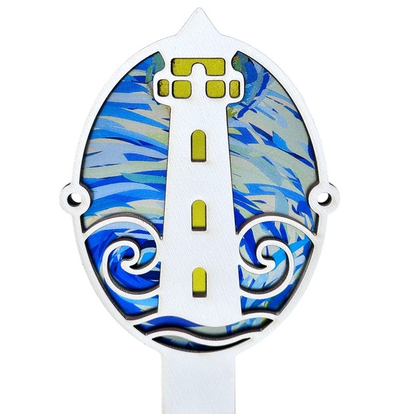 Bone and Bloom Other - Handcrafted Lighthouse Night Light Coastal Nautical Ocean Waves Blue Yellow